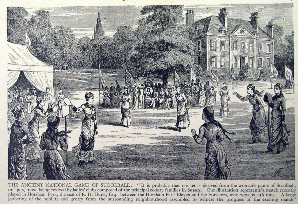 Drawing of Victorian women playing stoolball with Park House in the background